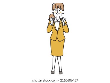 Female in an upright suit, a comical handwritten person, simple coloring on a vector line drawing