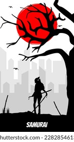 female urban samurai in front of a red moon. Japanese samurai warrior with a sword. woman samurai. japanese theme background for phone or vertical monitor.