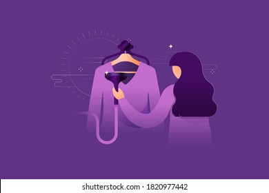 Female Use Vertical Steamer Iron For Cloth. Care and Cleaning Laundry Appliance Concept. Light Elements. Purple Background. Website template. Banner. Landing Page.