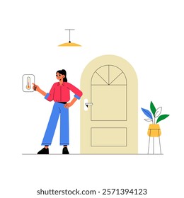 Female User Adjusting Thermostat By Door In Flat Vector Illustration Symbolizing Smart Home Temperature Control And Energy Efficiency, Isolated On White Background.