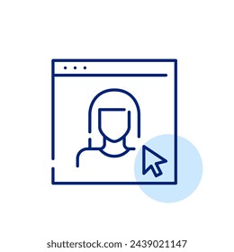Female user avatar in a browser page with a mouse pointer over it. Online profile access and social media interaction