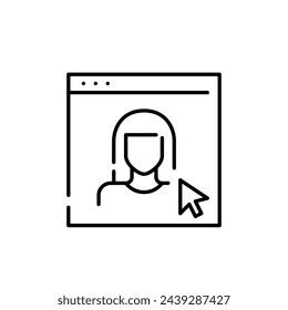 Female user avatar in a browser page with a mouse pointer over it. Online profile access and social media icon
