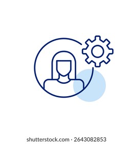 Female user avatar and cogwheel. Account settings, admin, control or customization. Women in tech or leadership, hr or user management software. Pixel perfect, editable stroke vector icon