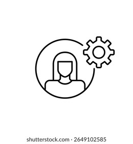 Usuário feminino avatar e roda dentada. Configurações de conta, administração, controle ou personalização. Mulheres em tecnologia ou liderança, software de gerenciamento de RH ou usuário. Pixel perfeito, ícone de vetor de traçado editável