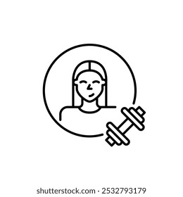 Female user avatar and dumbbell. Health club member, gym workout for health. Fitness app. Pixel perfect, editable stroke icon