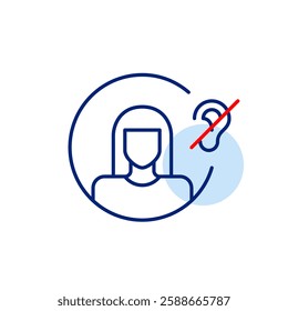 Female user avatar and ear crossed with red line. Mute mode, audio playback off. Hearing impaired or deaf people. Pixel perfect, editable stroke vector icon