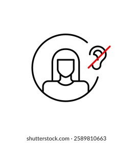 Female user avatar and ear crossed with red line. Mute mode, audio playback off. Hearing impaired or deaf people. Pixel perfect, editable stroke vector icon