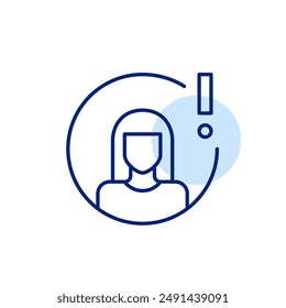 Avatar de usuario femenino y signo de exclamación. Advertencia del usuario, notificación de seguridad importante. Icono de trazo perfecto y editable