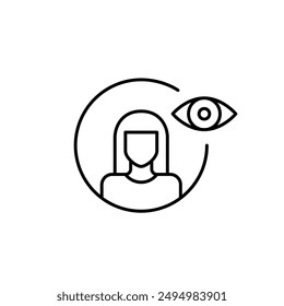 Female user avatar and eye symbol. Profile visibility, activity monitoring and statistics. Pixel perfect, editable stroke icon