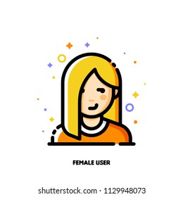 Female user avatar. Icon of attractive girl face. Flat filled outline style. Pixel perfect 64x64. Editable stroke