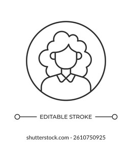 Female user avatar line icon. Faceless curly haired woman in round frame. Social media profile. Personal account. Isolated vector illustration. Outline symbol. Simple linear drawing. Editable stroke