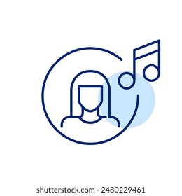 Female user avatar and musical note. Online streaming services. Music enthusiast profile. Pixel perfect, editable stroke icon