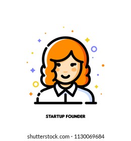 Female user avatar of startup founder. Icon of cute girl face. Flat filled outline style. Pixel perfect 64x64. Editable stroke