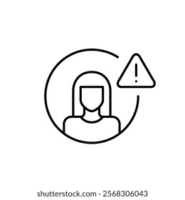 Female user avatar and triangle with exclamation mark. Account safety alert, hazard warning. Pixel perfect vector icon