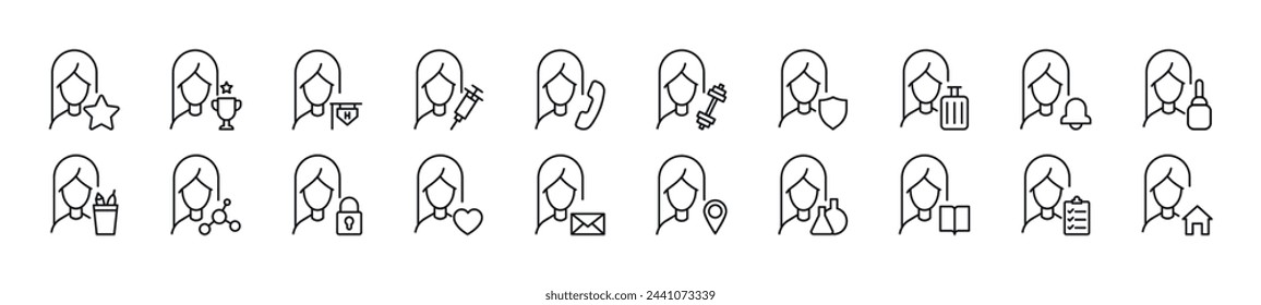 Female user by items linear vector icons collection. Editable stroke. Simple linear illustration for web sites, newspapers, articles book