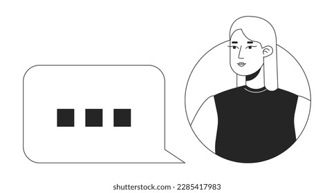 Female user with chat bubble black and white concept vector spot illustration. Editable 2D flat monochrome cartoon character for web design. Messaging app creative line art idea for website, mobile