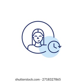Weibliche Benutzerin und Uhr. Tägliche Routine, zeitlose Verfolgung und Arbeitszeiten. Pixel perfekt, bearbeitbares Strichvektorsymbol