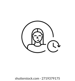 Weibliche Benutzerin und Uhr. Tägliche Routine, zeitlose Verfolgung und Arbeitszeiten. Pixel perfekt, bearbeitbares Strichvektorsymbol
