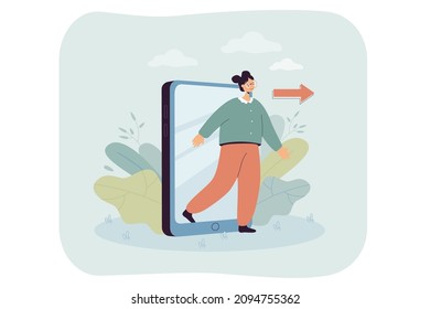 Female user coming out of smartphone screen. Young person leaving mobile phone flat vector illustration. Technology, digital detox, modern lifestyle concept for banner, website design or landing web