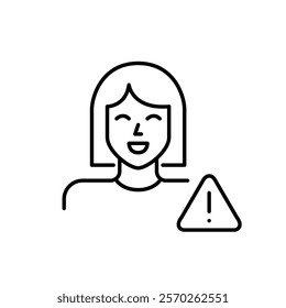 Female user and hazard alert. Exclamation mark in triangle. System user notification, secure online presence and personal data protection. Pixel perfect, editable stroke icon