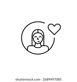 Usuario femenino y corazón. Asistencia al cliente en línea, atención remota de usuarios de confianza, servicios centrados en el usuario. Icono de Vector de trazo perfecto y editable