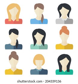 Female user icons set. Woman avatar icons. Flat vector design 