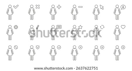 Female User Interface Icons Set. User Interaction, Settings, Communication, And Profile Management Outline Symbol Collection. Editable Stroke. Isolated Vector Illustration.