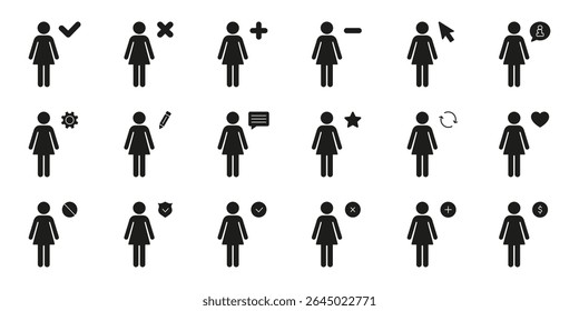 Female User Interface Icons Solid Icon Set. User Interaction, Profile Management, Communication Silhouette Symbol Collection. Includes Check, Cross, Plus and Minus Icon. Isolated Vector Illustration.