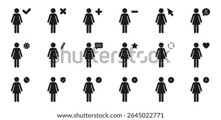 Female User Interface Icons Solid Icon Set. User Interaction, Profile Management, Communication Silhouette Symbol Collection. Includes Check, Cross, Plus and Minus Icon. Isolated Vector Illustration.