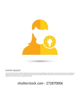 Female User with Lamp Light Idea Icon, pictogram icon on gray background. Simple flat metro design style. half shade cut icon. Flat design style. Vector illustration