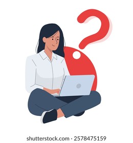 Female User with Laptop and Question Mark – Concept of Uncertainty, Research, and Digital Learning