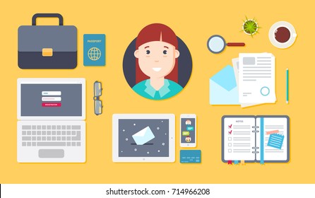 Female user. Office set: tablet, laptop, document, smartphone, pencil, card, bag, magnifier, glasses, coffee cup and cactus in a pot. Vector illustration business concept design.