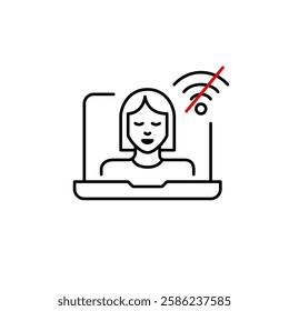 Female user on laptop and no wi-fi symbol. Going offline, communication broken, internet outage. Pixel perfect, editable stroke vector icon