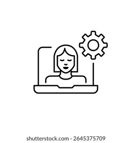 Female user on laptop. User settings, personalized workspace, user configuration, system customization, productivity tools. Pixel perfect, editable stroke vector icon