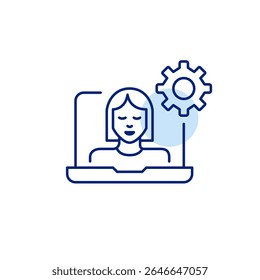 Usuário feminino em laptop. Configurações do usuário, espaço de trabalho personalizado, configuração do usuário, personalização do sistema, ferramentas de produtividade. Pixel perfeito, ícone de vetor de traçado editável