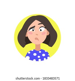 Female user profile. Avatar is a woman. A character for a screen saver with emotions. For website and mobile app design. Vector illustration on a white isolated background.