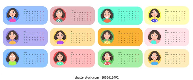 Female user profile. Calendar for 2021 for 12 months. Vector illustration.