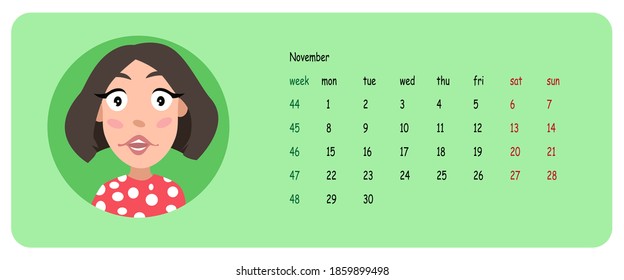 Female user profile. Calendar for the month of november 2021. A character for a screen saver with emotions. Vector illustration.