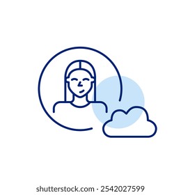 Female user profile with cloud. Data storage, backup, or user information managed in the cloud. Pixel perfect vector icon