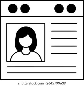 Ícone De Interface De Perfil De Usuário Feminino. Um ícone de arte de linha limpa e contemporânea que representa uma interface de perfil de usuário fêmea em uma janela do navegador. Esta ilustração vetorial versátil é adequada para teias