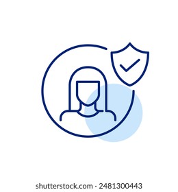 Female user profile, shield and checkmark. Verified identity, safe user experience. Data security and protection. Pixel perfect vector icon