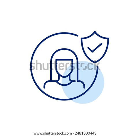 Female user profile, shield and checkmark. Verified identity, safe user experience. Data security and protection. Pixel perfect vector icon