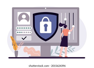 Female user setting private account. Concept of personal data protection and secure sign-in. Users use secure login and password. Profile and account protection on internet. Flat vector illustration