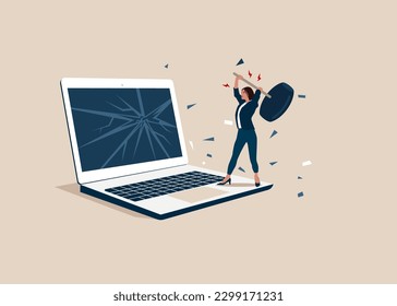 Female user sledgehammer and breaks computer. Frustrated computer user. Office life makes him crazy. Slow internet connection. dealing with error. Flat vector illustration