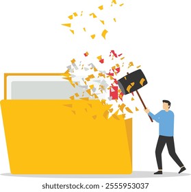 Female user sledgehammer and breaks files folder. Frustrated online data user. Documents into archive folder makes him crazy. dealing with error. Flat vector illustration

