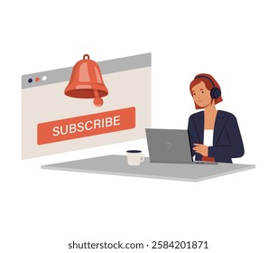 Female User Subscribing To Online Content In Flat Vector Illustration Symbolizing Digital Membership, Video Streaming, And Online Engagement, Isolated On White Background.