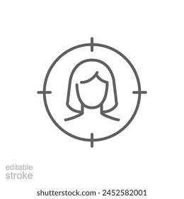 Icono de destino de usuario femenino. Estilo de contorno simple. Mujer, objetivo del usuario, enfoque, persona, céntrico, gráfico, personas, concepto de negocio. Símbolo de línea fina. Ilustración vectorial aislada. Trazo editable.