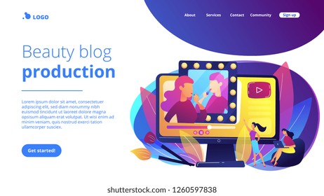 Female user watches beauty blogger showing latest trend makeup tutorial. Beauty blogger, beauty blog production, online beauty consultant concept. Website vibrant violet landing web page template.