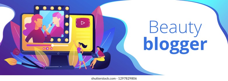 Female user watches beauty blogger showing latest trend makeup tutorial. Beauty blogger, beauty blog production, online beauty consultant concept. Header or footer banner template with copy space.