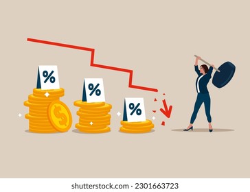 Female  uses sledgehammer and breaks falling chart. Interest downgrade hike due to inflation. Restraint fall in stock quote. Economic crisis. Flat vector illustration